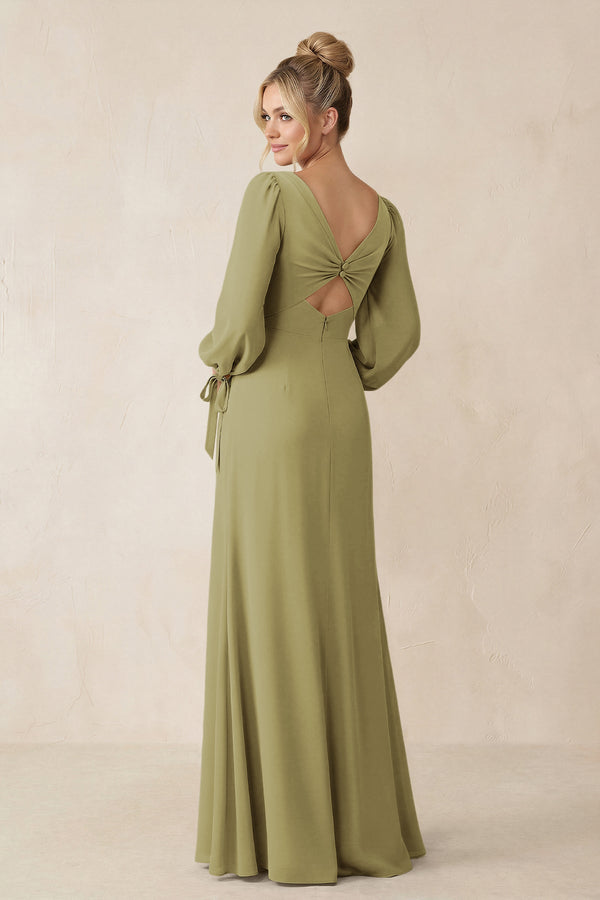 Square Neck Long Sleeve Sheath Chiffon Bridesmaid Dress in Moss Green (2) | KISSBRIDAL