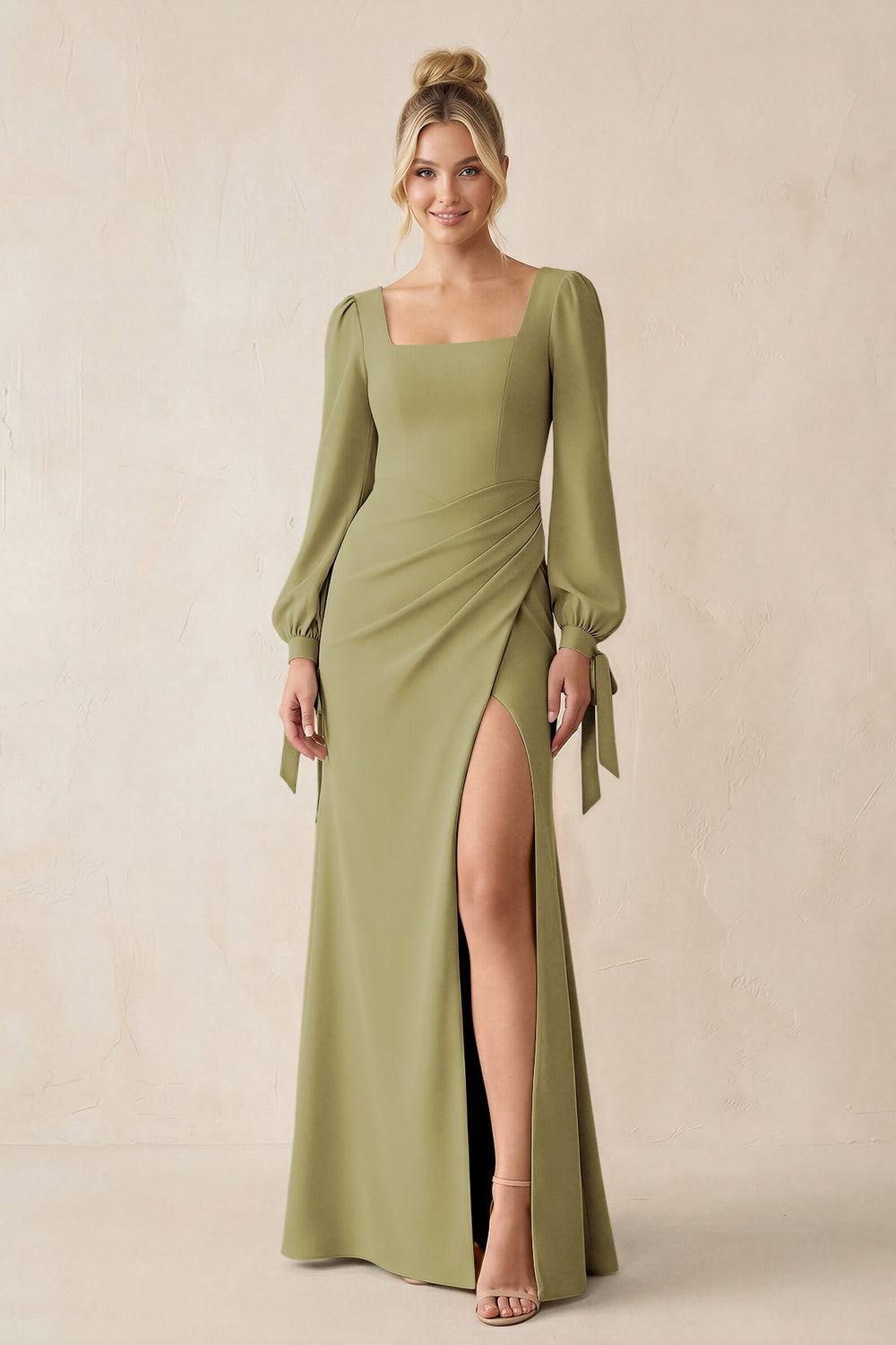 Square Neck Long Sleeve Sheath Chiffon Bridesmaid Dress in Moss Green