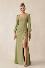 Square Neck Long Sleeve Sheath Chiffon Bridesmaid Dress in Moss Green | KISSBRIDAL