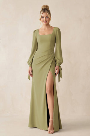 Square Neck Long Sleeve Sheath Chiffon Bridesmaid Dress in Moss Green | KISSBRIDAL