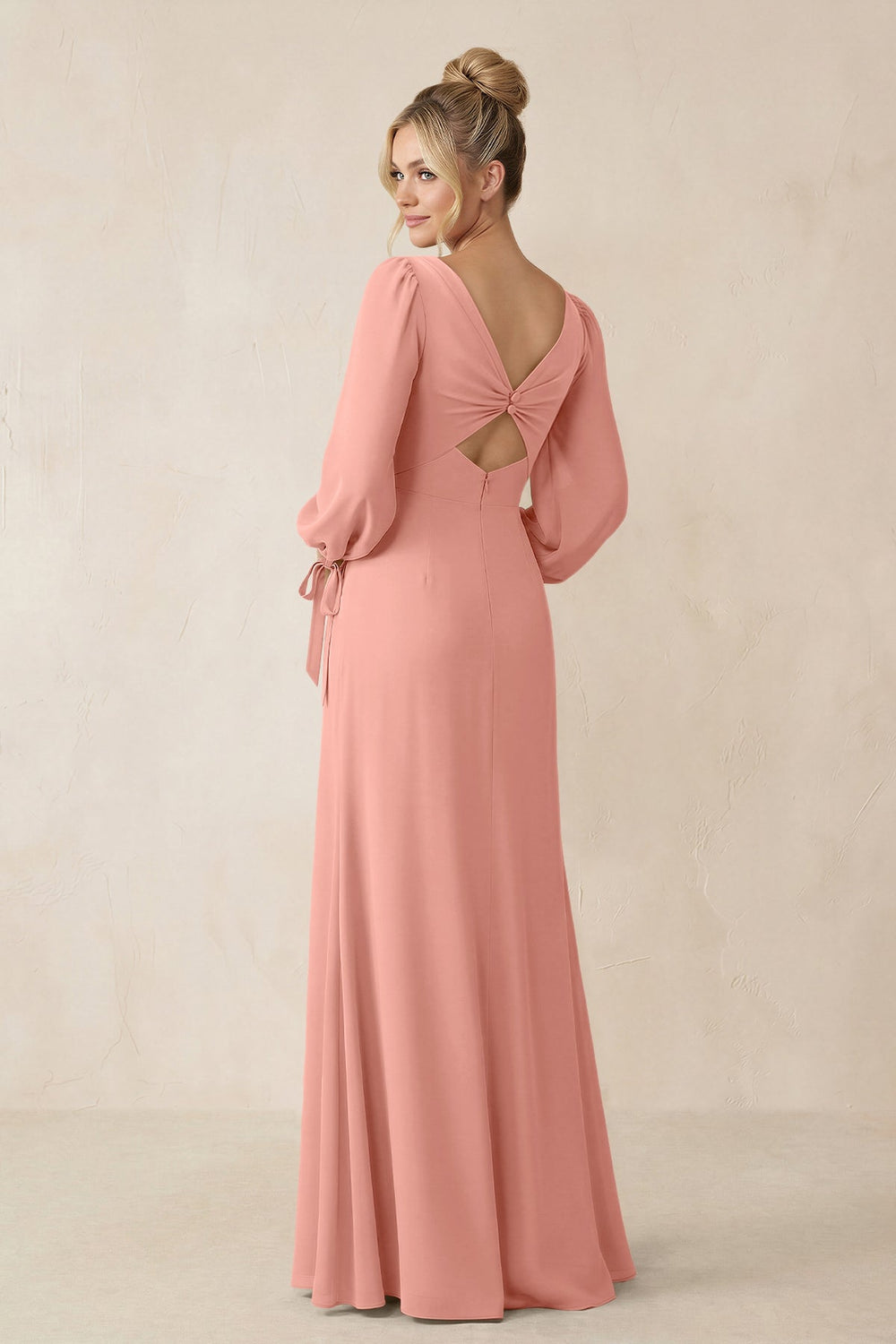 Square Neck Long Sleeve Sheath Chiffon Bridesmaid Dress in Rosette