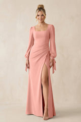 Square Neck Long Sleeve Sheath Chiffon Bridesmaid Dress in Rosette | KISSBRIDAL