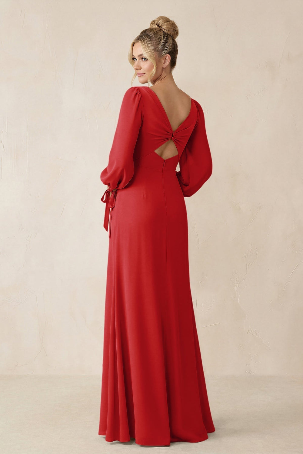 Square Neck Long Sleeve Sheath Chiffon Bridesmaid Dress in Ruby Red