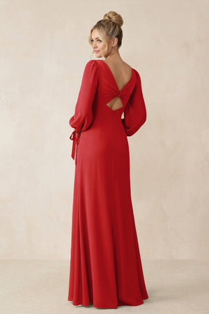 Square Neck Long Sleeve Sheath Chiffon Bridesmaid Dress in Ruby Red - KISS BRIDAL Bridesmaid Dresses