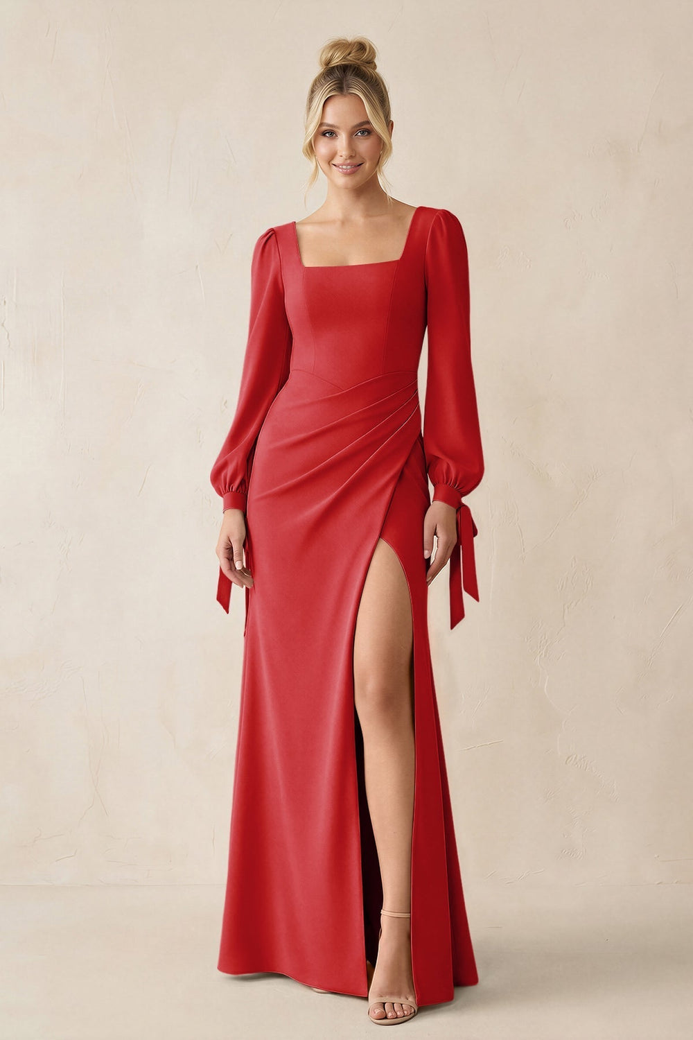 Square Neck Long Sleeve Sheath Chiffon Bridesmaid Dress in Ruby Red