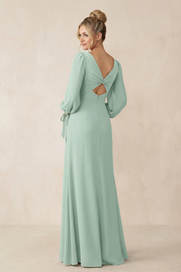 Square Neck Long Sleeve Sheath Chiffon Bridesmaid Dress in Sage (2) | KISSBRIDAL