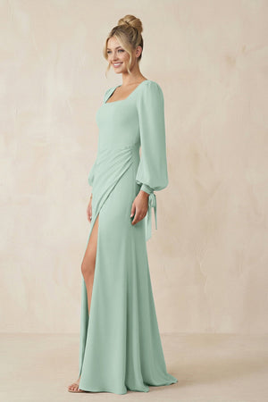 Square Neck Long Sleeve Sheath Chiffon Bridesmaid Dress in Sage (3) | KISSBRIDAL