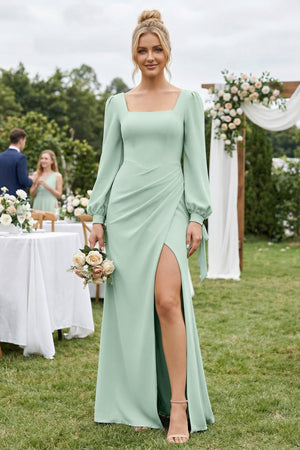 Square Neck Long Sleeve Sheath Chiffon Bridesmaid Dress in Sage (4) | KISSBRIDAL