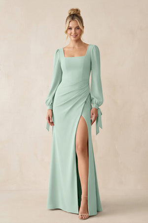 Square Neck Long Sleeve Sheath Chiffon Bridesmaid Dress in Sage | KISSBRIDAL