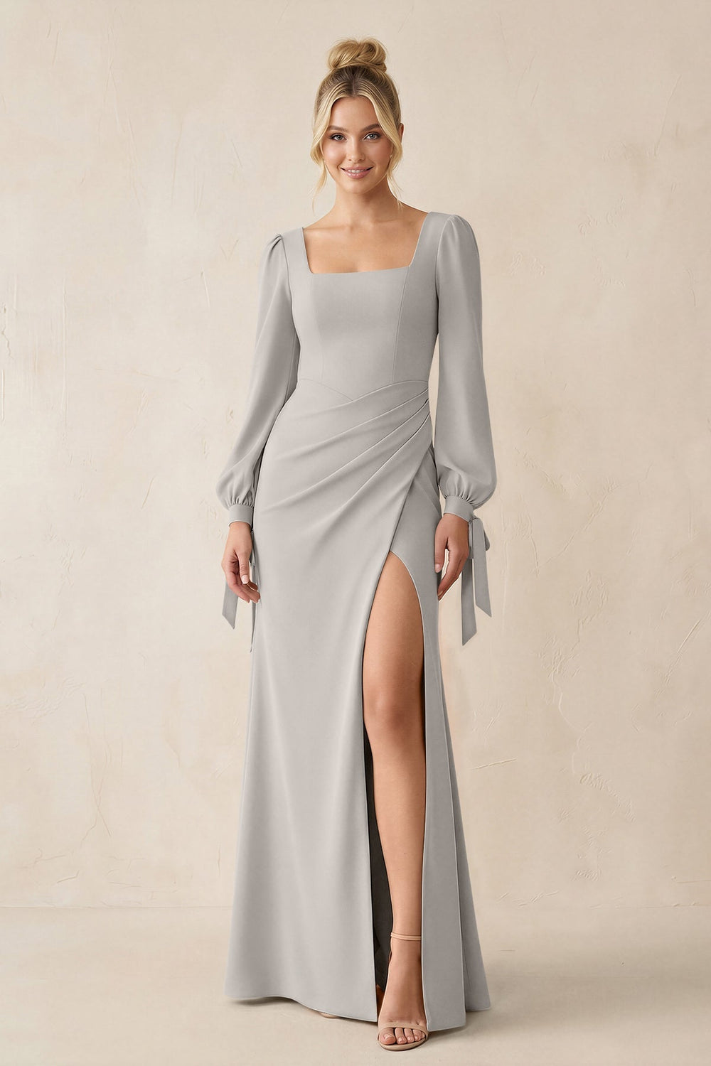 Square Neck Long Sleeve Sheath Chiffon Bridesmaid Dress in Silver