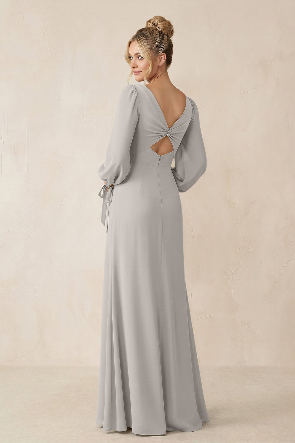 Square Neck Long Sleeve Sheath Chiffon Bridesmaid Dress in Silver