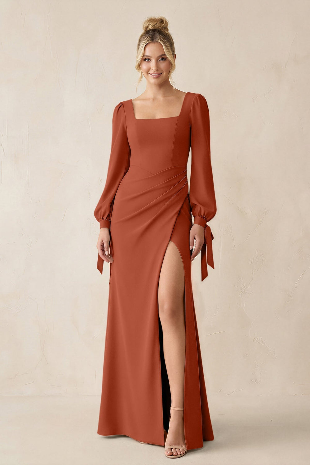 Square Neck Long Sleeve Sheath Chiffon Bridesmaid Dress in Spice