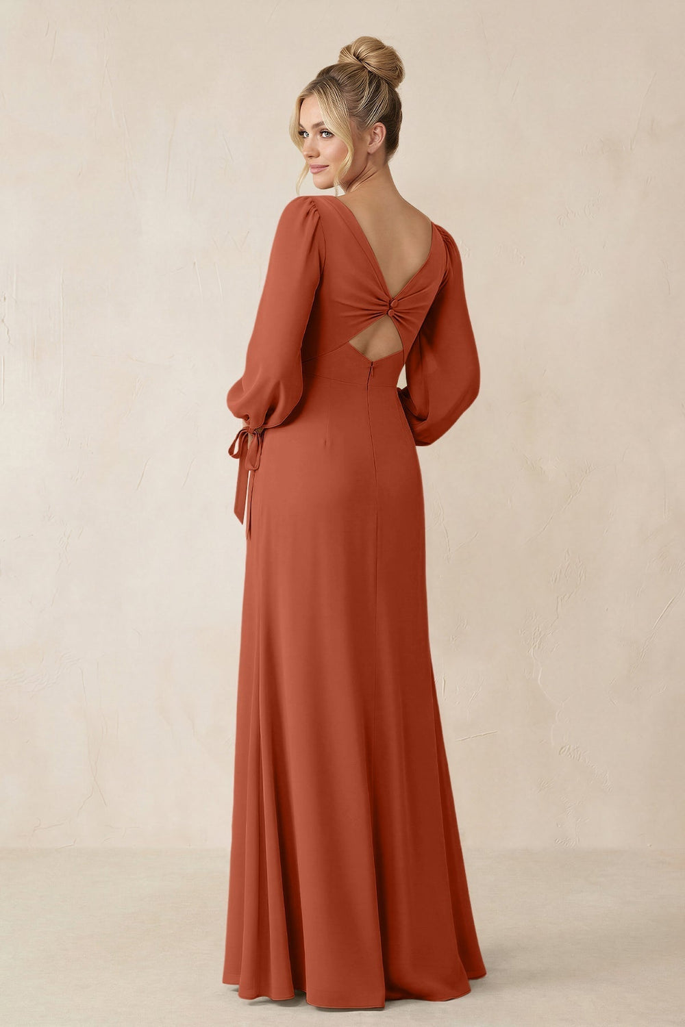 Square Neck Long Sleeve Sheath Chiffon Bridesmaid Dress in Spice