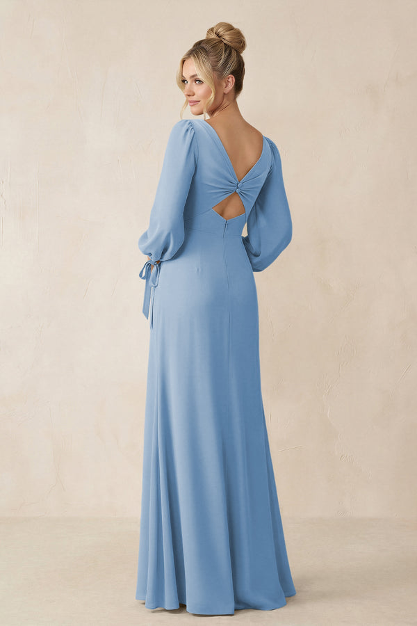 Square Neck Long Sleeve Sheath Chiffon Bridesmaid Dress in Steel Blue (2) | KISSBRIDAL