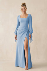Square Neck Long Sleeve Sheath Chiffon Bridesmaid Dress in Steel Blue | KISSBRIDAL