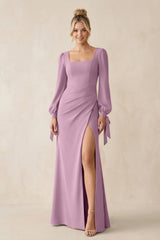 Square Neck Long Sleeve Sheath Chiffon Bridesmaid Dress in Wisteria - KISS BRIDAL Bridesmaid Dresses