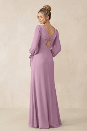 Square Neck Long Sleeve Sheath Chiffon Bridesmaid Dress in Wisteria - KISS BRIDAL Bridesmaid Dresses