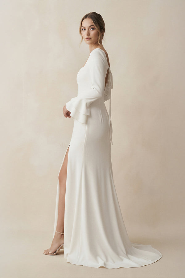 Square Neck Long Sleeve Wedding Dress with Slit in White - KISS BRIDAL Wedding Dresses
