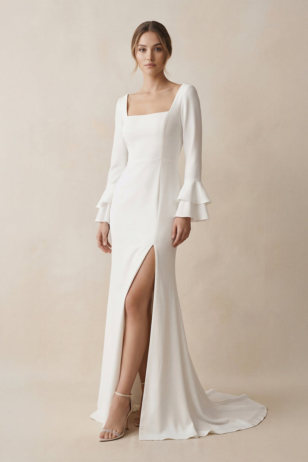 Square Neck Long Sleeve Wedding Dress with Slit in White