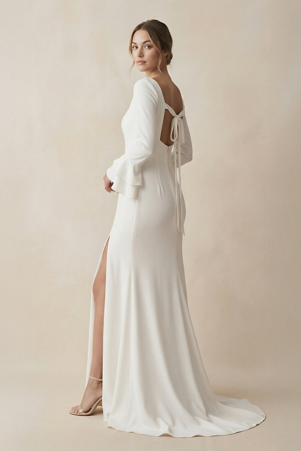 Square Neck Long Sleeve Wedding Dress with Slit in White