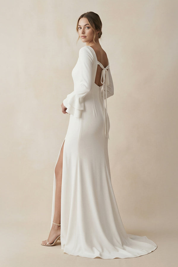 Square Neck Long Sleeve Wedding Dress with Slit in White - KISS BRIDAL Wedding Dresses