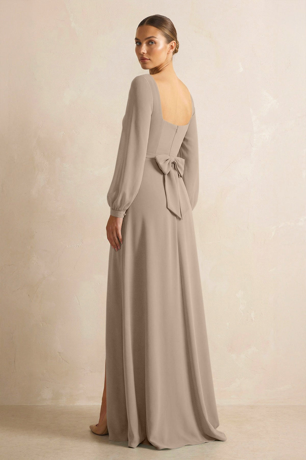 Square Neck Long Sleeves Chiffon Sheath Bridesmaid Dress in Almond