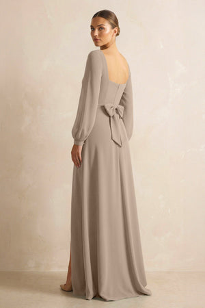 Square Neck Long Sleeves Chiffon Sheath Bridesmaid Dress in Almond (2) | KISSBRIDAL