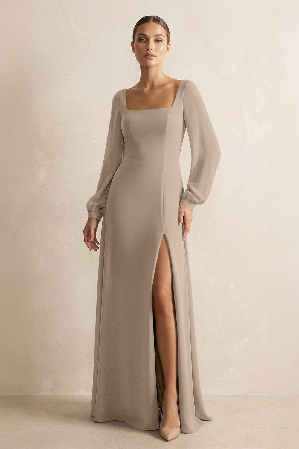 Square Neck Long Sleeves Chiffon Sheath Bridesmaid Dress in Almond