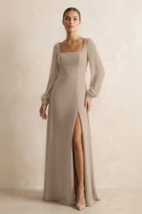 Square Neck Long Sleeves Chiffon Sheath Bridesmaid Dress in Almond | KISSBRIDAL