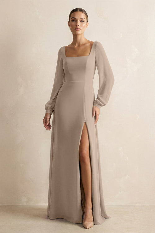 Square Neck Long Sleeves Chiffon Sheath Bridesmaid Dress in Almond | KISSBRIDAL