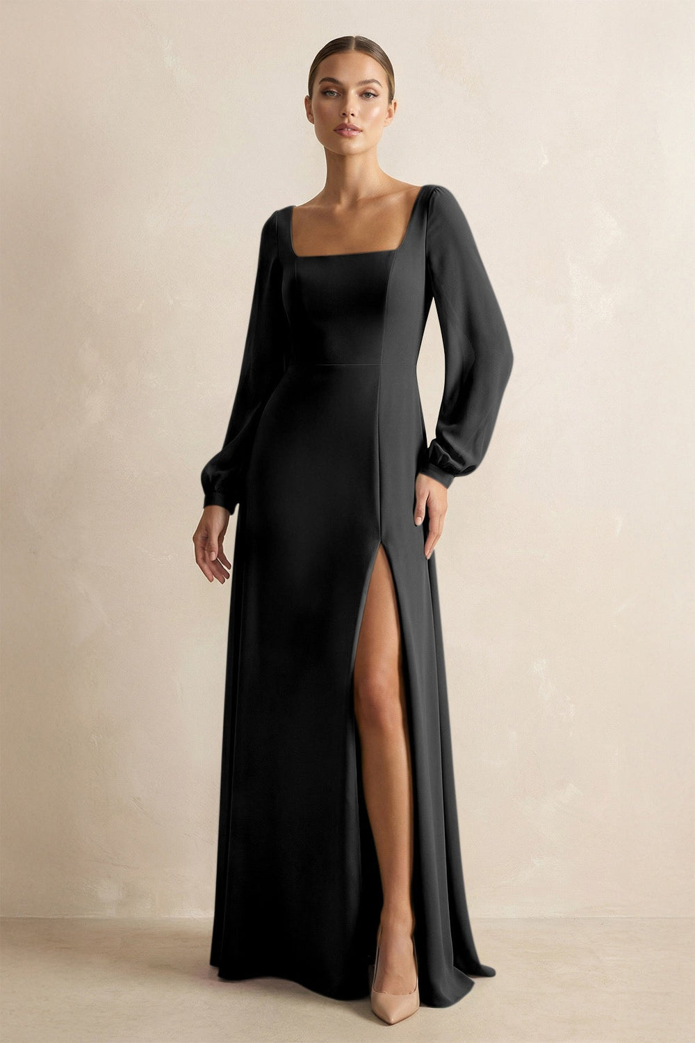 Square Neck Long Sleeves Chiffon Sheath Bridesmaid Dress in Black