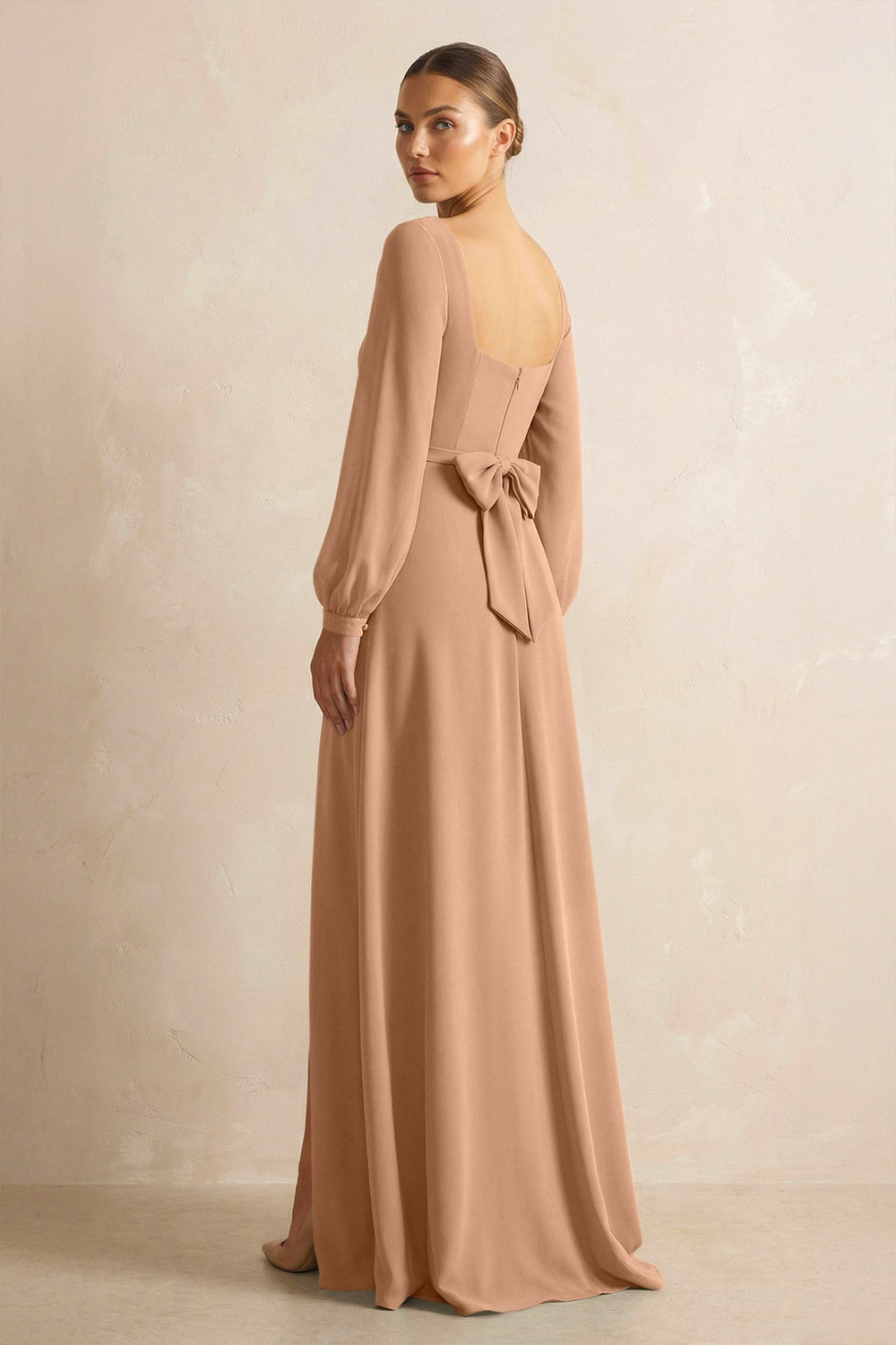 Square Neck Long Sleeves Chiffon Sheath Bridesmaid Dress in Bronzer