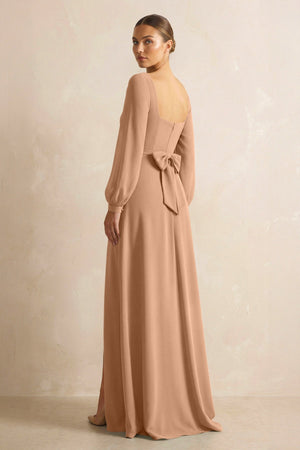 Square Neck Long Sleeves Chiffon Sheath Bridesmaid Dress in Bronzer - KISS BRIDAL Bridesmaid Dresses
