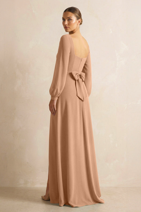 Square Neck Long Sleeves Chiffon Sheath Bridesmaid Dress in Bronzer - KISS BRIDAL Bridesmaid Dresses