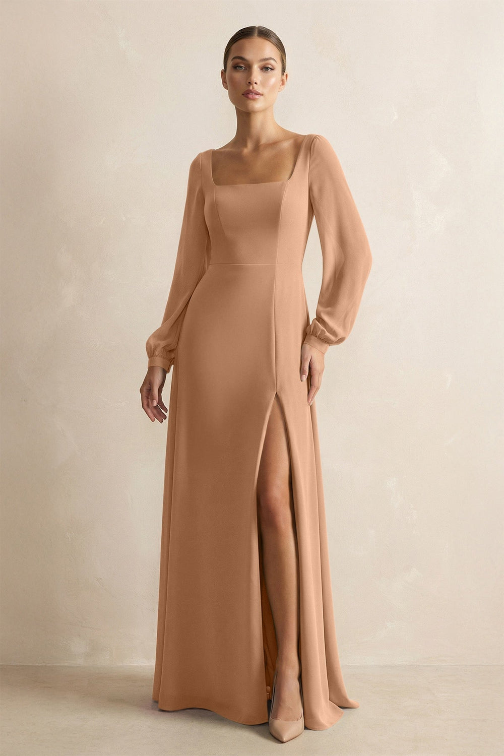 Square Neck Long Sleeves Chiffon Sheath Bridesmaid Dress in Bronzer