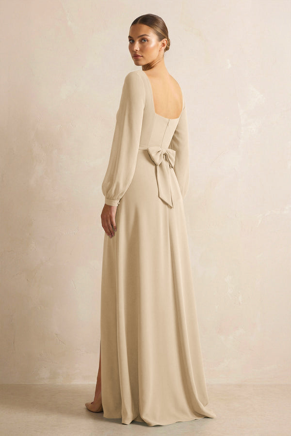 Square Neck Long Sleeves Chiffon Sheath Bridesmaid Dress in Champagne (2) | KISSBRIDAL