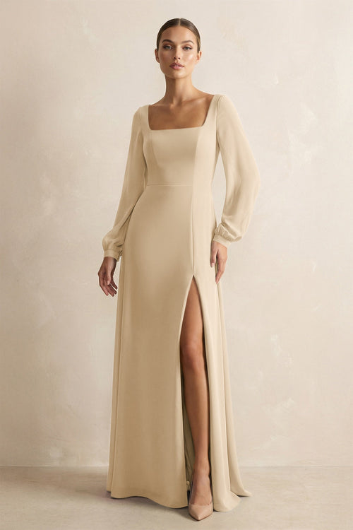 Square Neck Long Sleeves Chiffon Sheath Bridesmaid Dress in Champagne | KISSBRIDAL