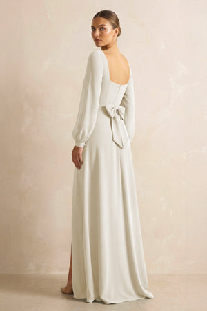 Square Neck Long Sleeves Chiffon Sheath Bridesmaid Dress in Dove Gray - KISS BRIDAL Bridesmaid Dresses