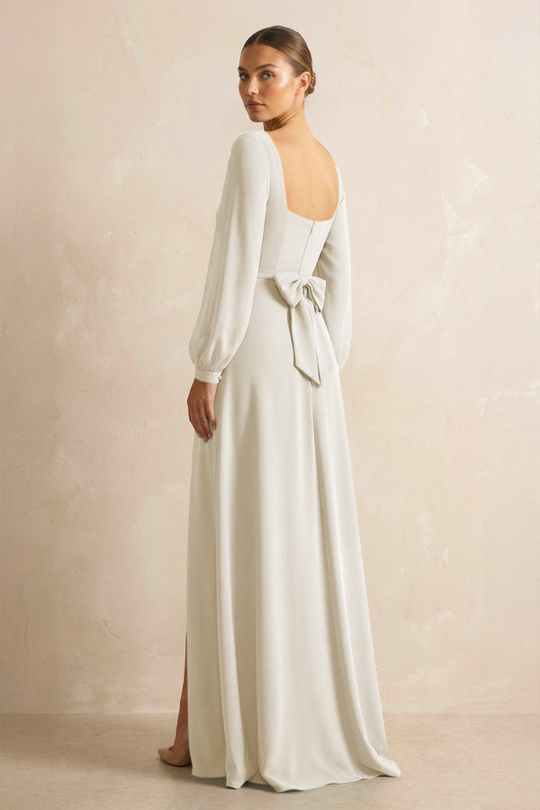 Square Neck Long Sleeves Chiffon Sheath Bridesmaid Dress in Dove Gray - KISS BRIDAL Bridesmaid Dresses