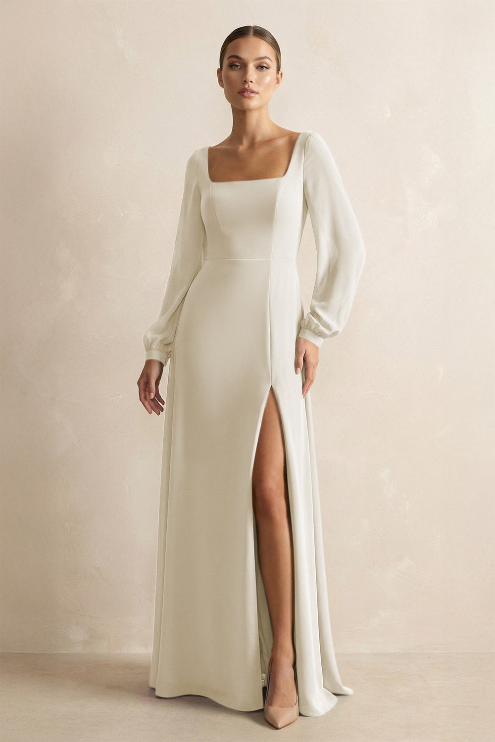 Square Neck Long Sleeves Chiffon Sheath Bridesmaid Dress in Dove Gray
