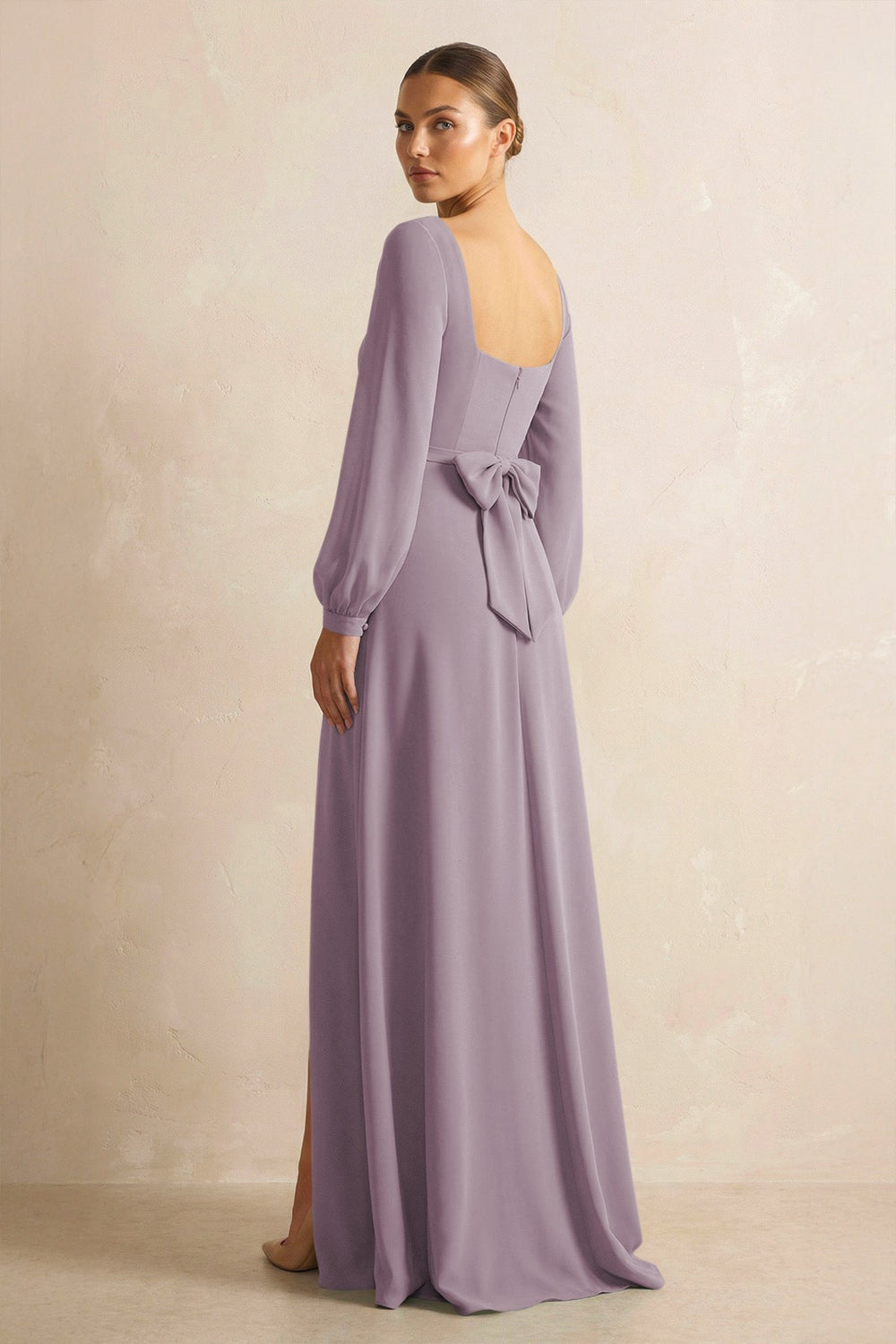 Square Neck Long Sleeves Chiffon Sheath Bridesmaid Dress in Dusk