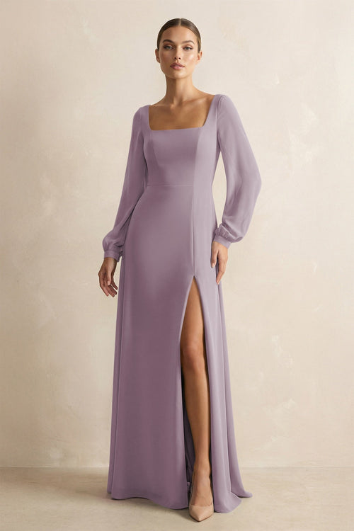 Square Neck Long Sleeves Chiffon Sheath Bridesmaid Dress in Dusk | KISSBRIDAL