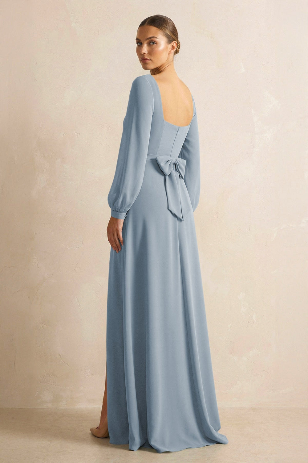 Square Neck Long Sleeves Chiffon Sheath Bridesmaid Dress in Dusty Blue