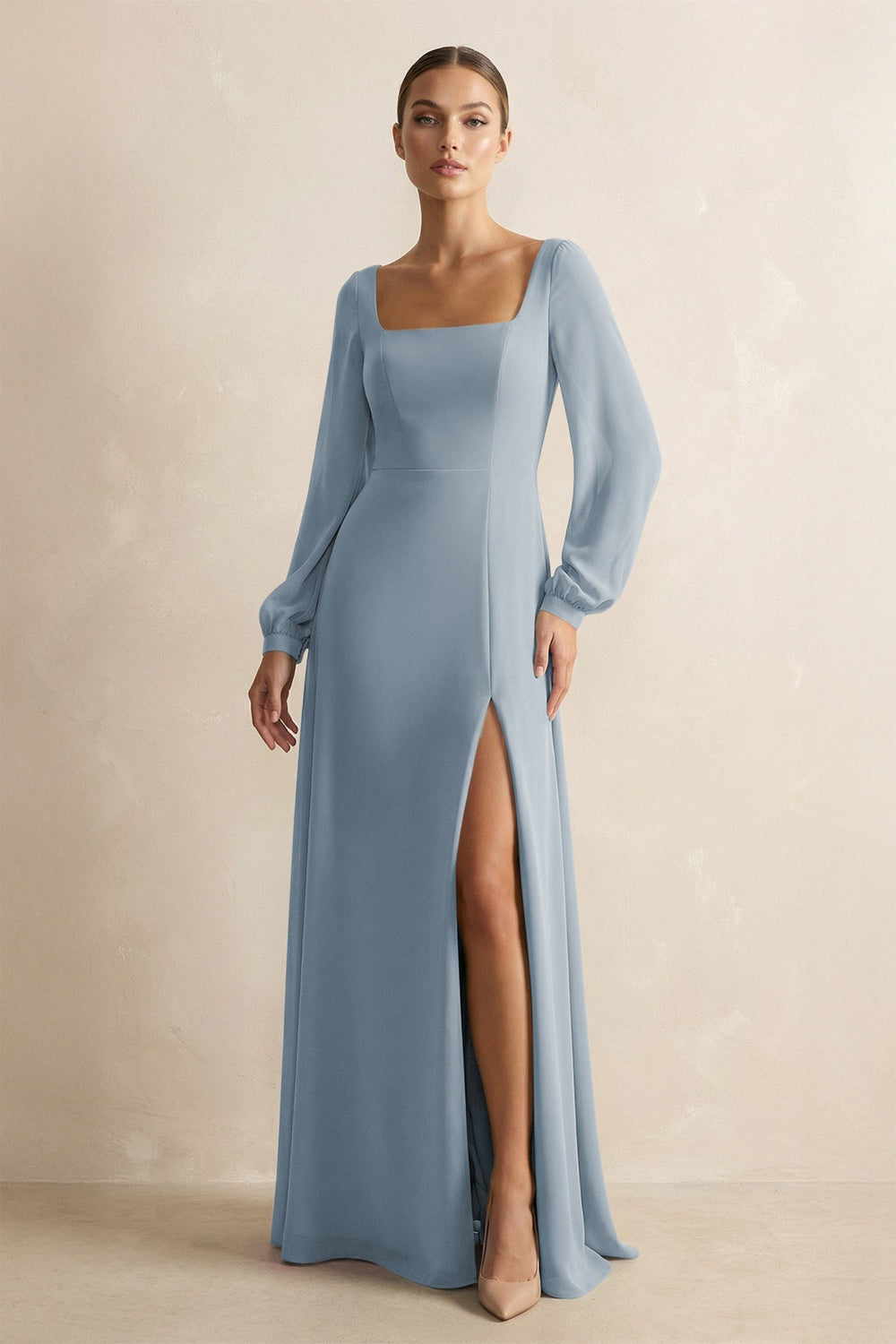 Square Neck Long Sleeves Chiffon Sheath Bridesmaid Dress in Dusty Blue