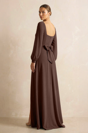 Square Neck Long Sleeves Chiffon Sheath Bridesmaid Dress in Espresso - KISS BRIDAL Bridesmaid Dresses