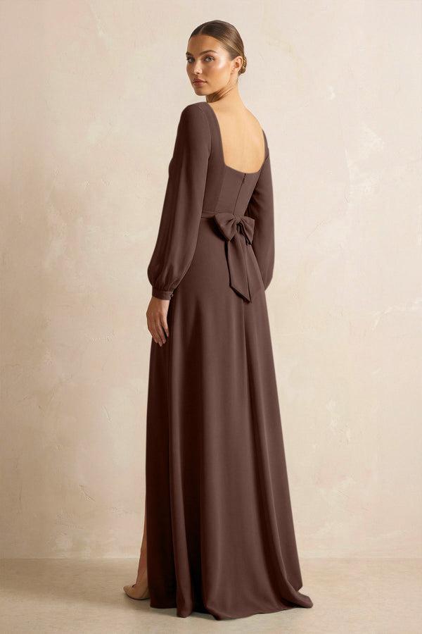 Square Neck Long Sleeves Chiffon Sheath Bridesmaid Dress in Espresso - KISS BRIDAL Bridesmaid Dresses