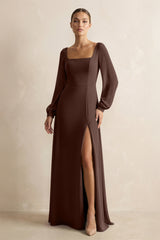 Square Neck Long Sleeves Chiffon Sheath Bridesmaid Dress in Espresso - KISS BRIDAL Bridesmaid Dresses