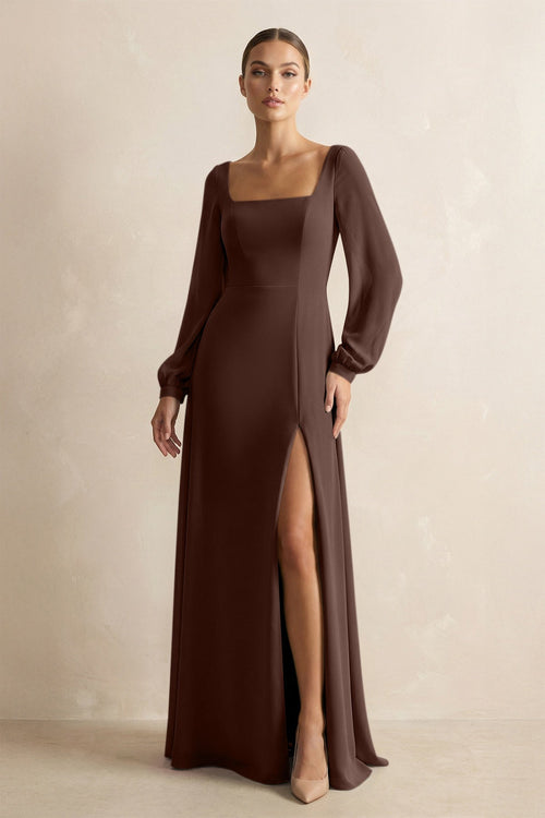 Square Neck Long Sleeves Chiffon Sheath Bridesmaid Dress in Espresso - KISS BRIDAL Bridesmaid Dresses