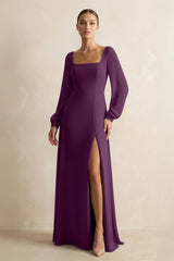 Square Neck Long Sleeves Chiffon Sheath Bridesmaid Dress in Fig | KISSBRIDAL