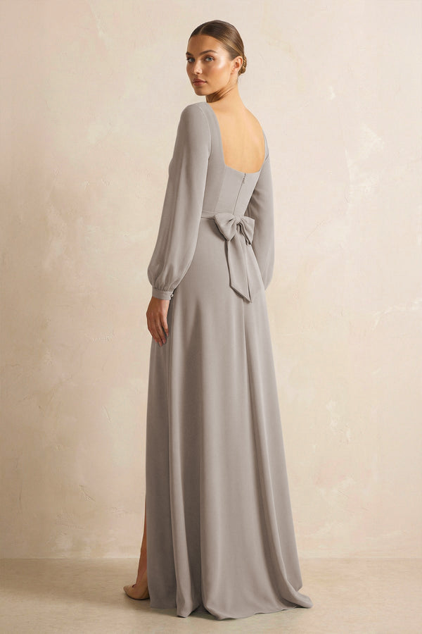 Square Neck Long Sleeves Chiffon Sheath Bridesmaid Dress in Frost (2) | KISSBRIDAL